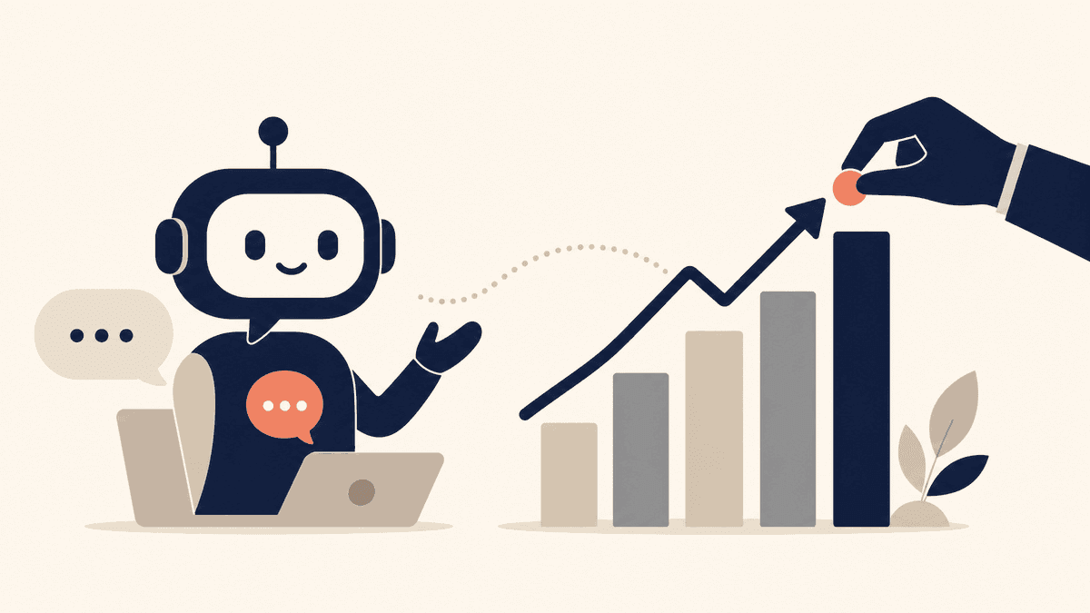 ChatGPTのアイコンとSEOの上昇グラフに、人の手が最終調整を加えている構図。AIと人の分業を表すイメージ。