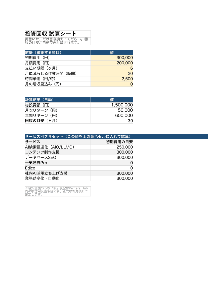 投資回収試算シート（Excel） プレビュー1