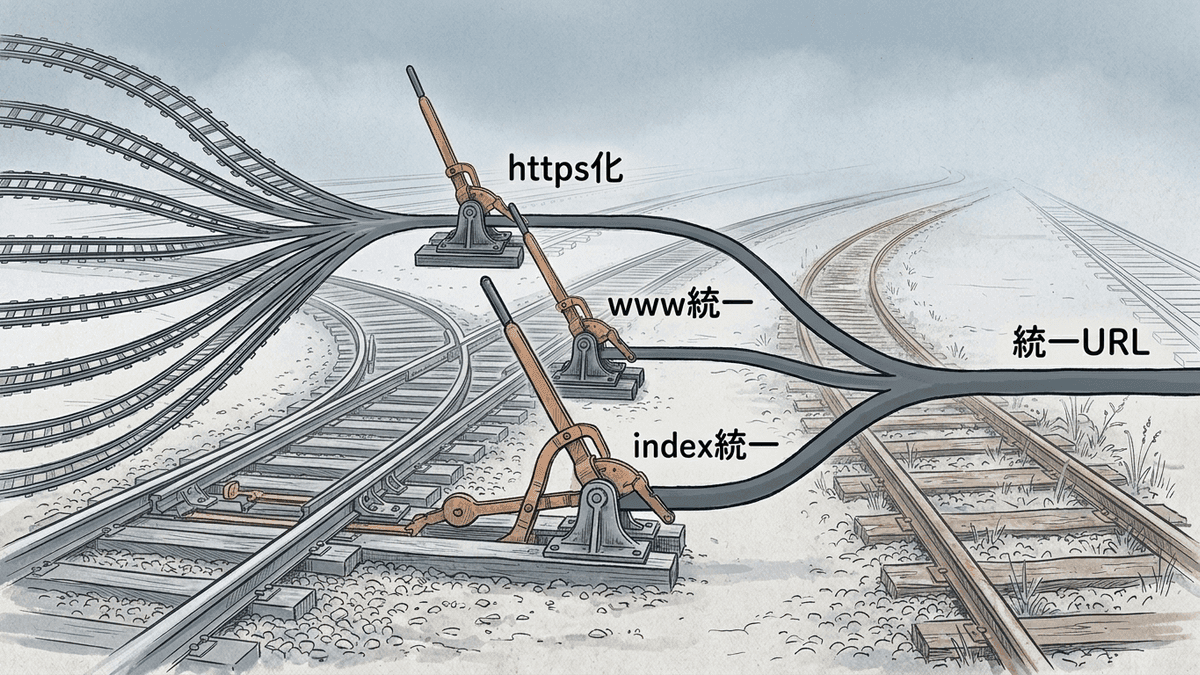 httpとhttps、wwwのありなし、index.htmlのありなしで分岐したURLを1本に統一する図