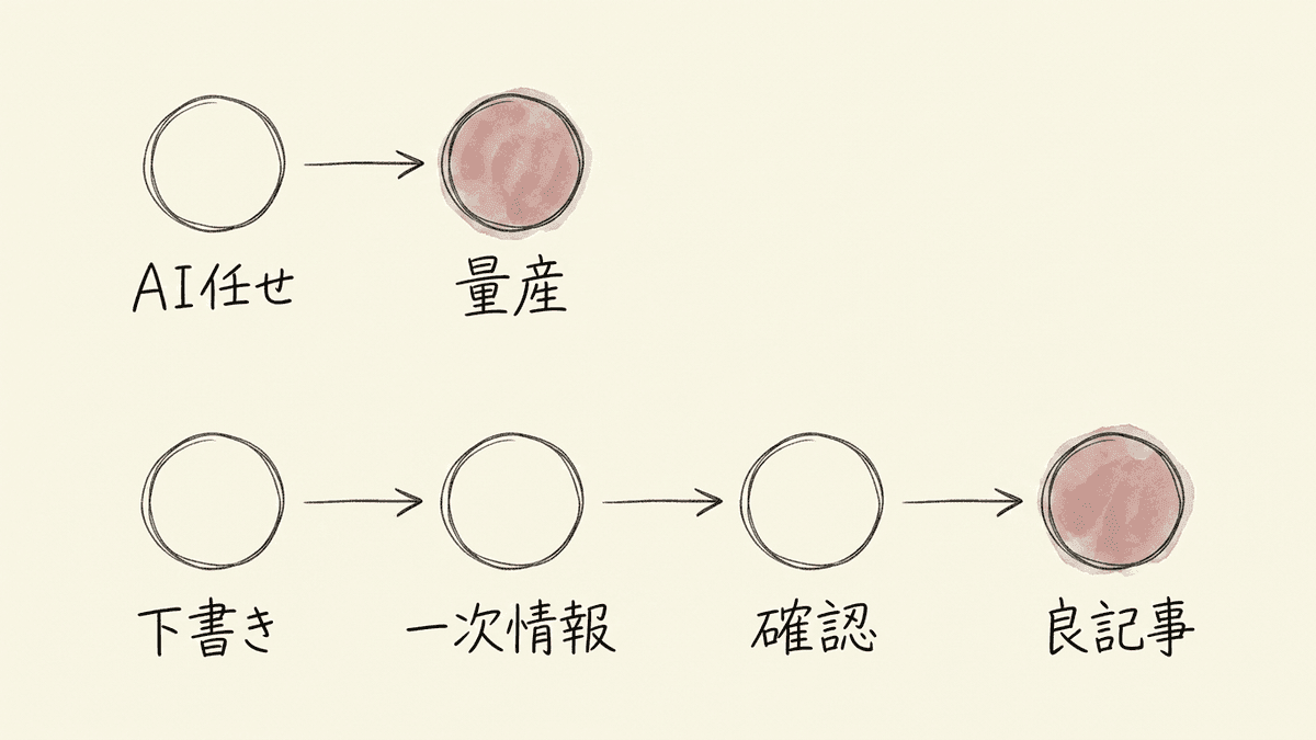 量産型と編集レイヤーありの記事制作フローを対比した図