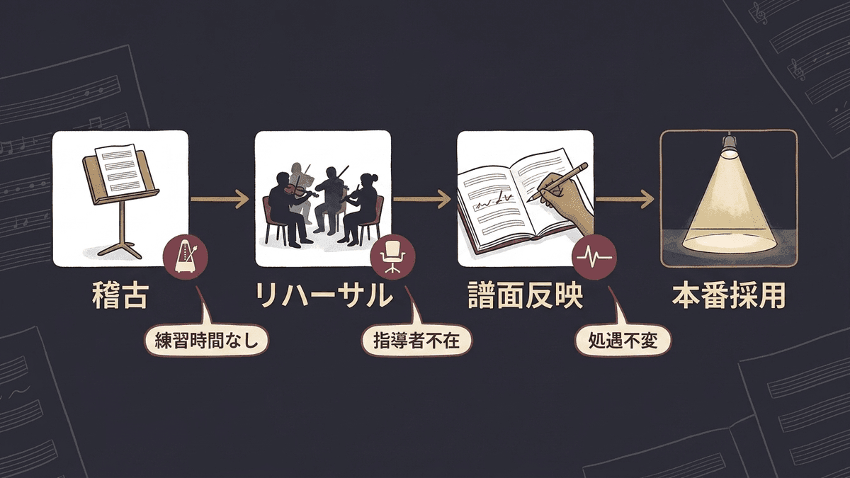 研修から実務定着までの流れと、途中で止まりやすい3つの地点を示した図