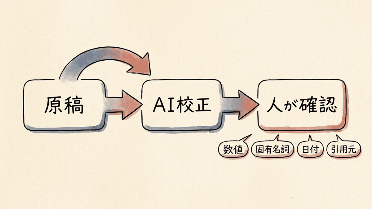 AI校正で拾える指摘と人が確認する指摘を工程順に分けた図