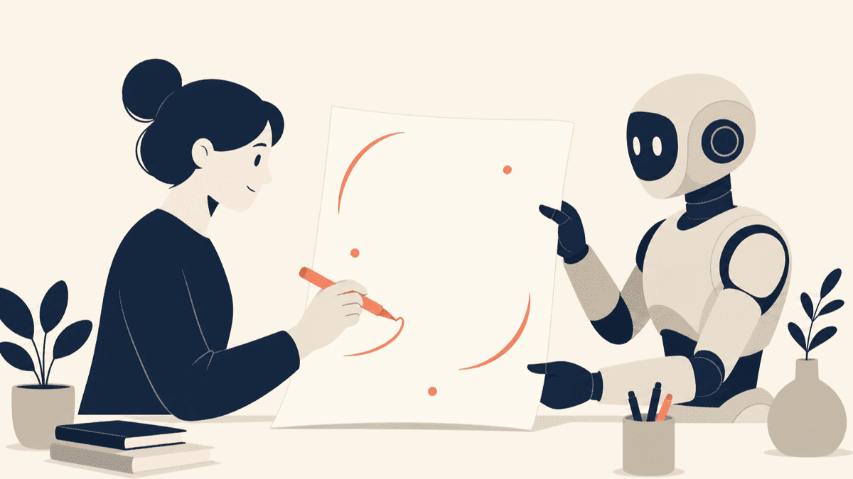 人とAIが一枚の原稿を挟んで役割分担している構図。AIが下書きを渡し、人が赤入れで仕上げている様子