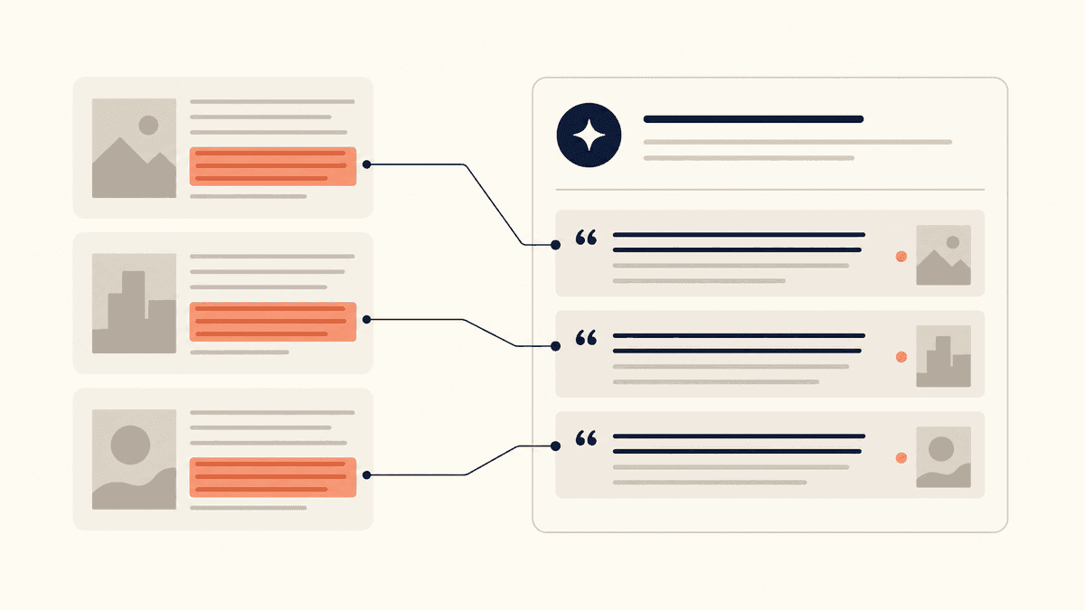AI検索の回答の中で、あるWeb記事の一節が出典として引用されている様子の図