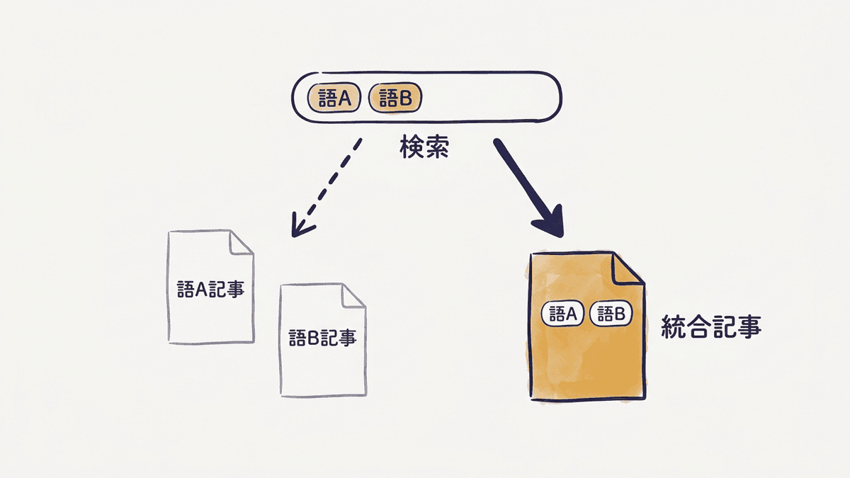 読者の2語検索と、記事側の扱う範囲の対応を示した図