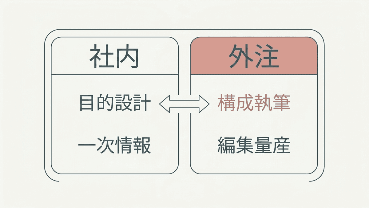 コンテンツ制作における社内と外注の役割分担を、戦略と一次情報は社内、制作実行は外注として示した図