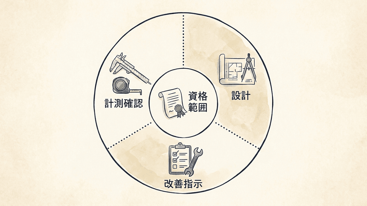 資格の出題範囲と実務で必要になる範囲を対比した図