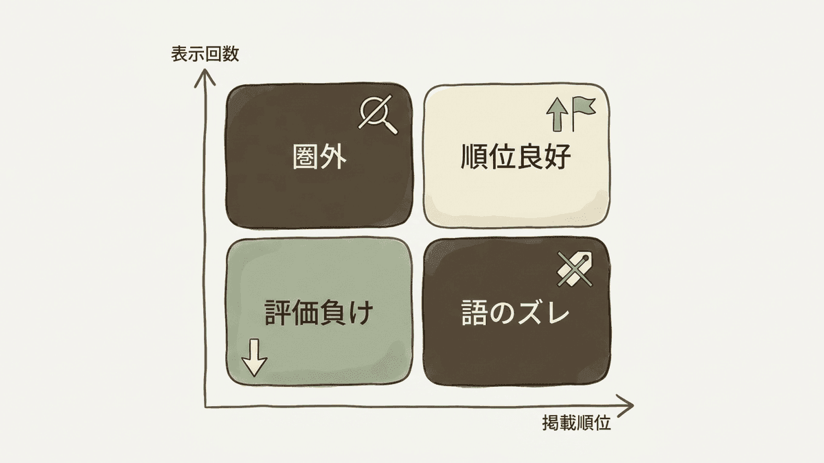 表示回数と平均掲載順位から層を判定する二軸の図