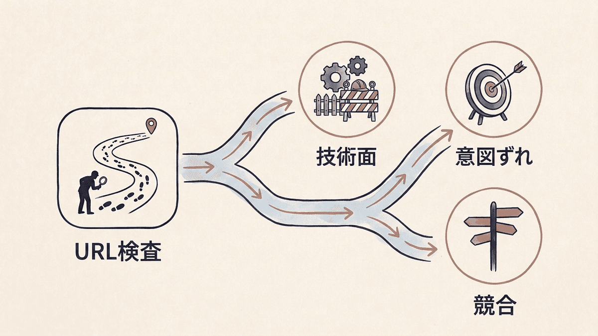 検索結果に表示されないときの原因を切り分ける判断フロー図