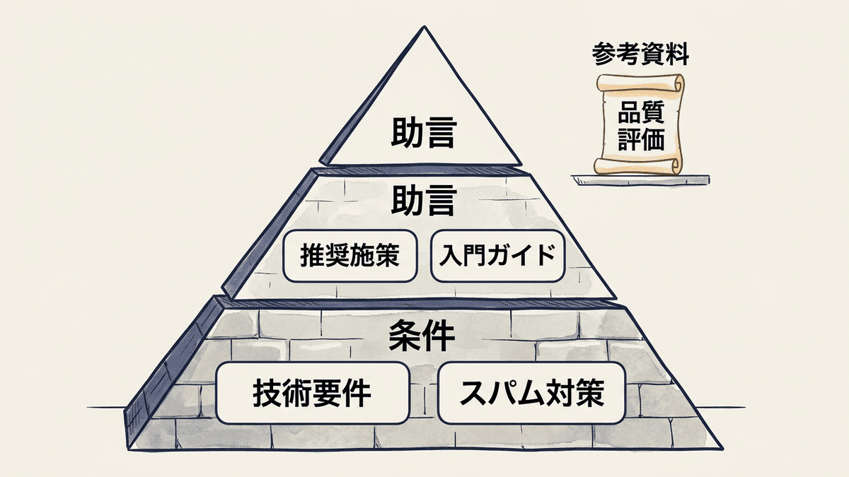 Googleの公式文書を条件・助言・参考資料の3層に分けた図