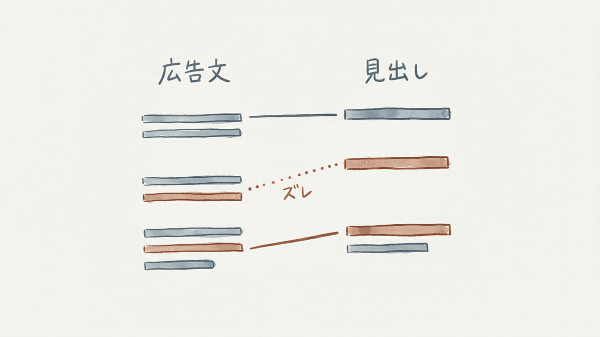 広告文とページ見出しの言葉のずれを示す対応図