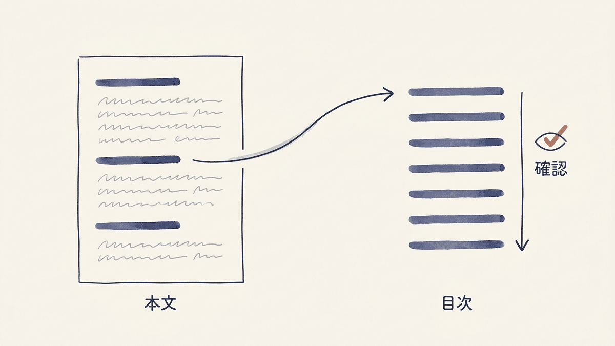 見出しだけを抜き出して並べ、内容が追えるかを確認する工程の図