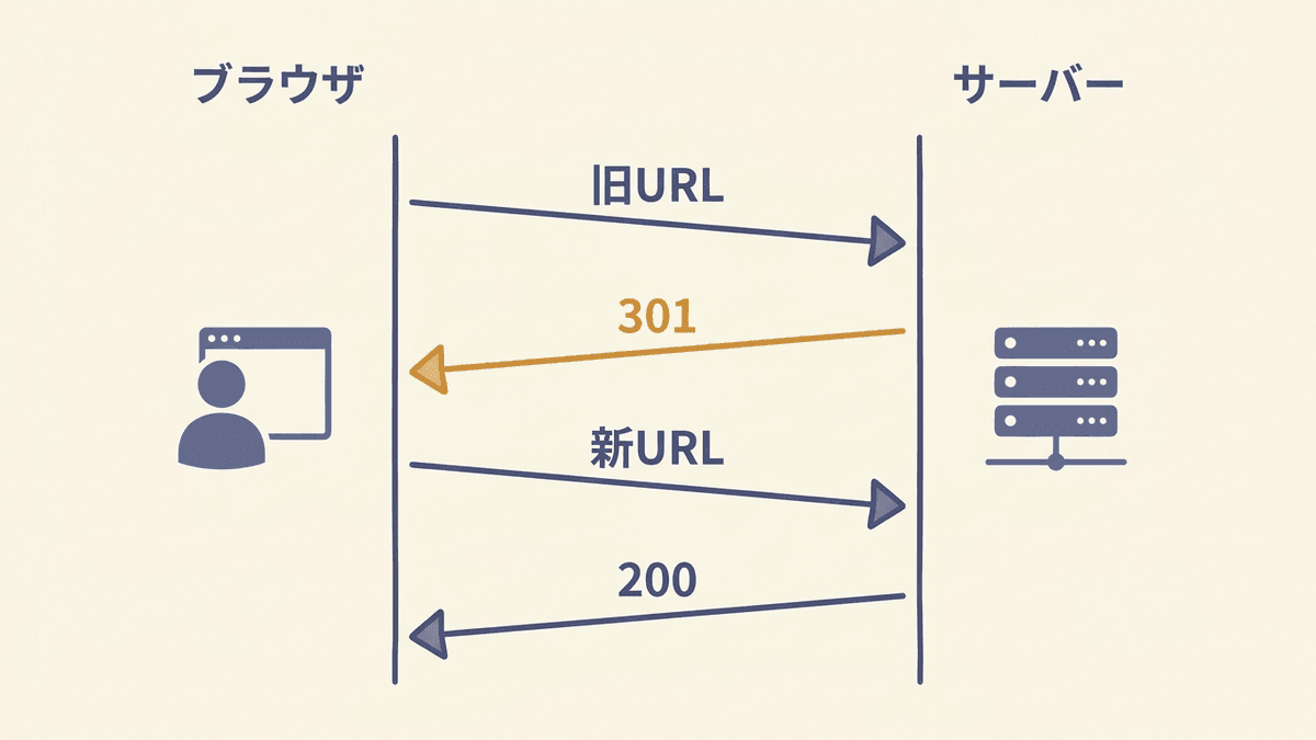 ブラウザが旧URLへアクセスしてから新URLのページが開くまでの流れ
