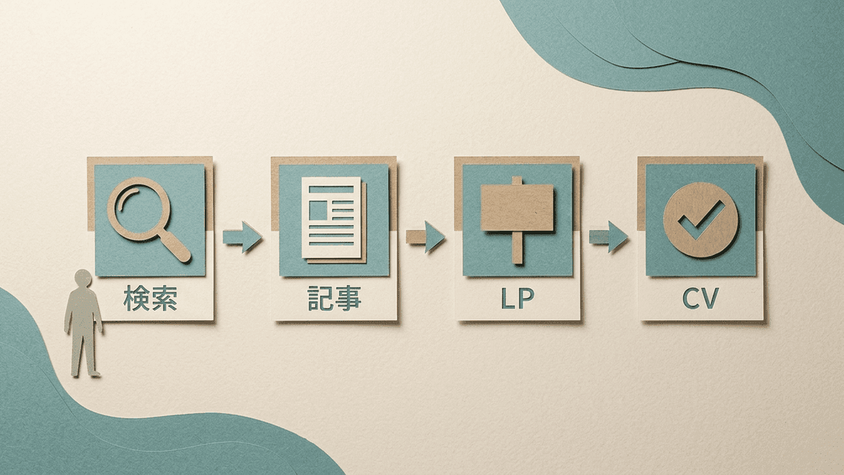 検索から記事へ集客し、記事からLPへ送客してCVに至る流れを左から右へ示した導線図