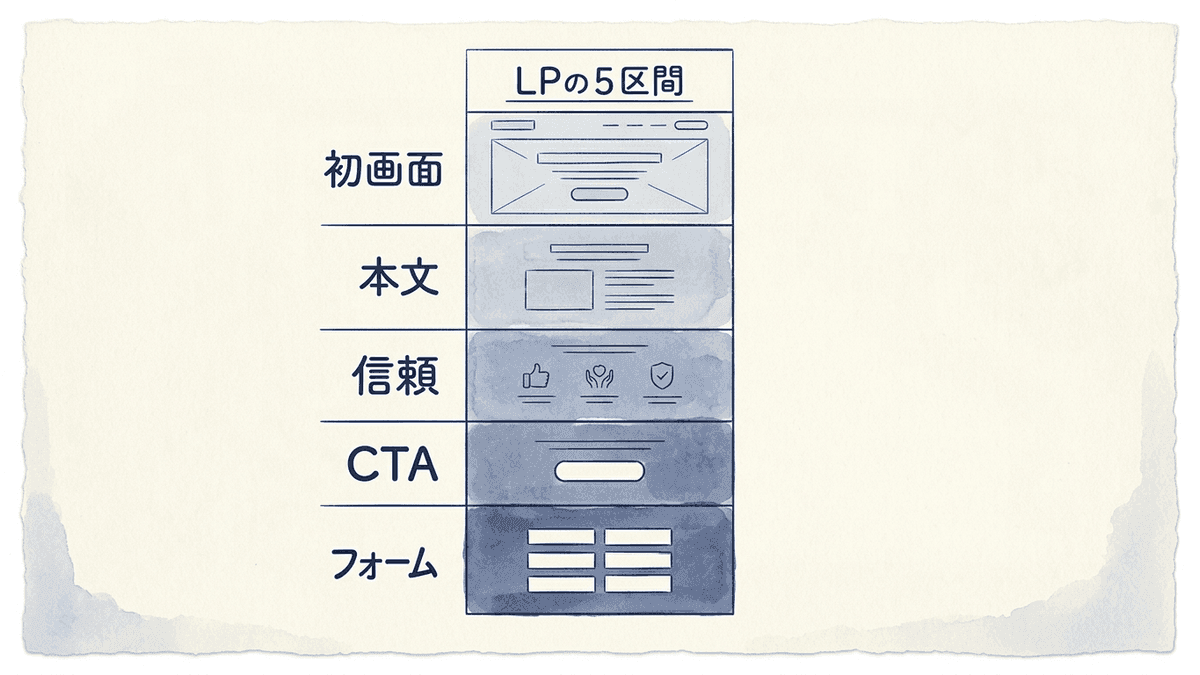 ランディングページを5つの区間に分け、それぞれの離脱理由を示した図解