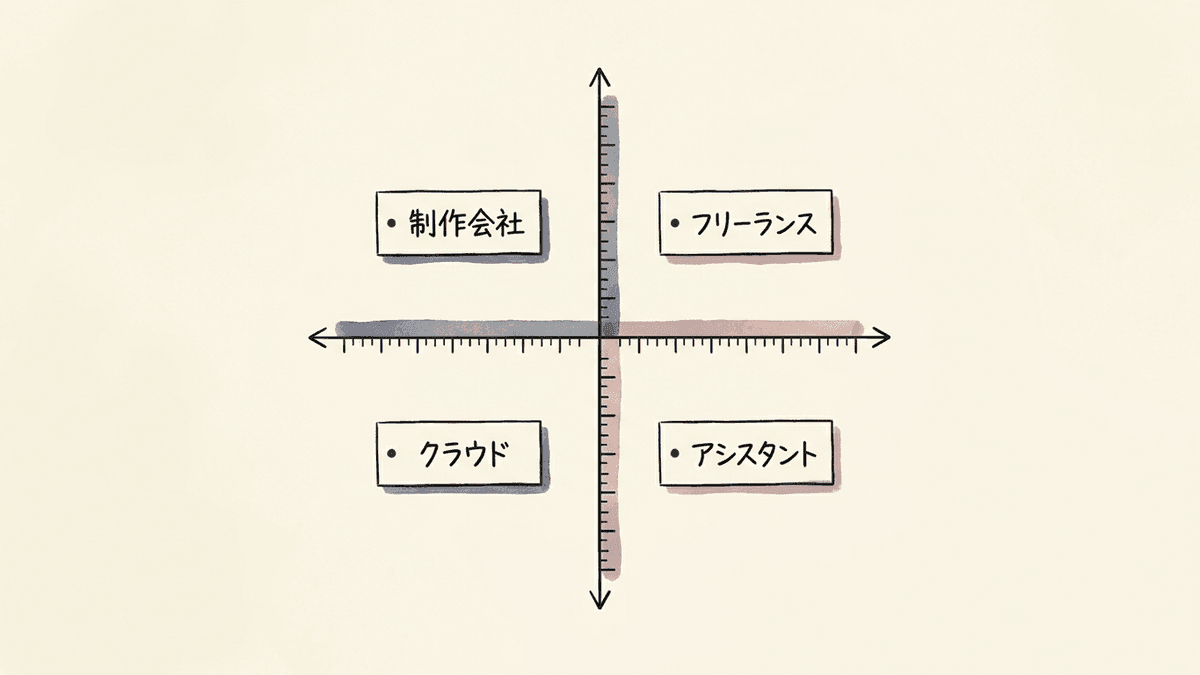 依頼先4タイプを対応範囲と費用で配置したマッピング図