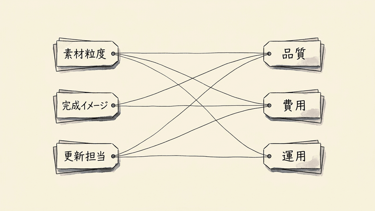 発注前に準備する3つの素材と品質・費用の関係図