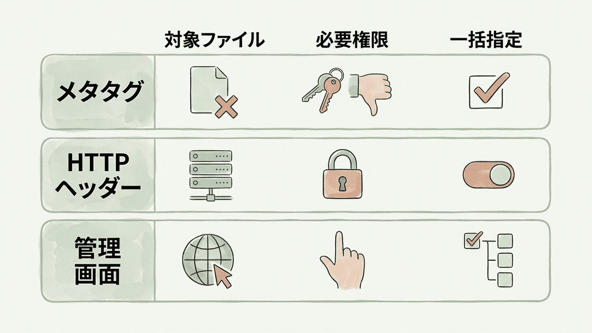 noindexの3つの設定方法の使い分けを表した図