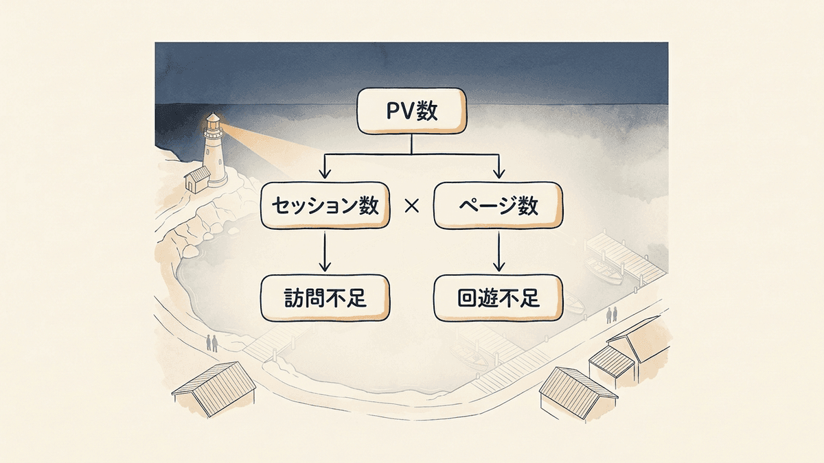 PV数をセッション数と1訪問あたりのページ数に分解し、原因を切り分ける図
