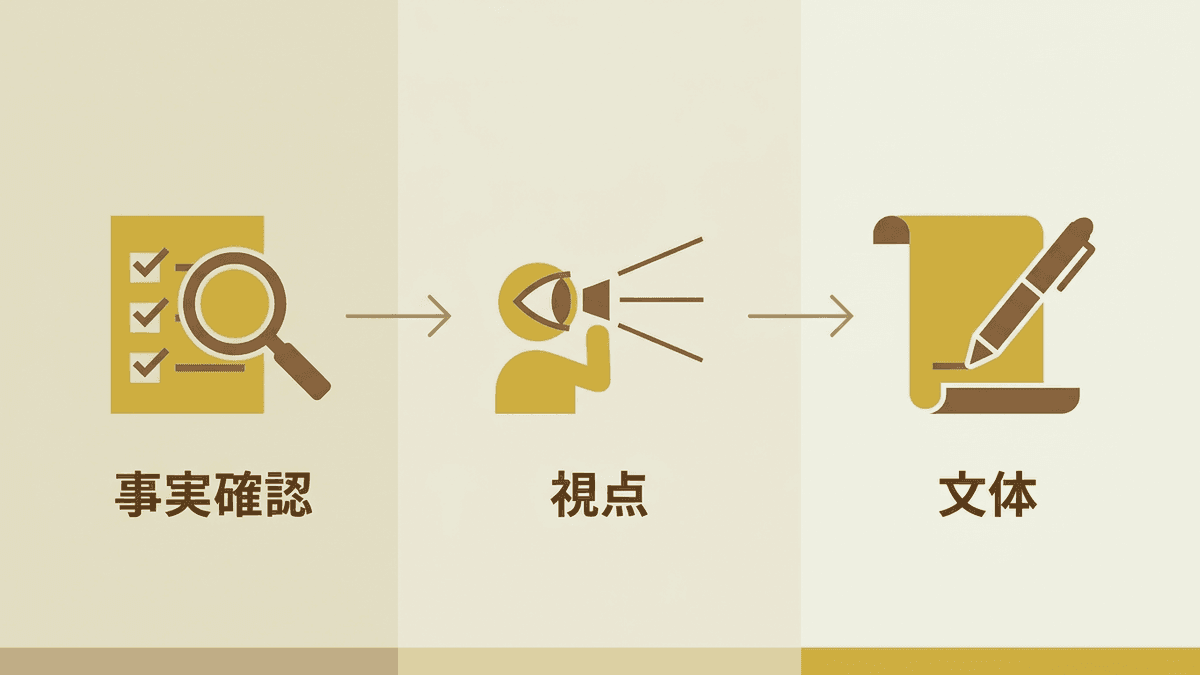 AIの下書きを人が仕上げる3つの工程を示した図