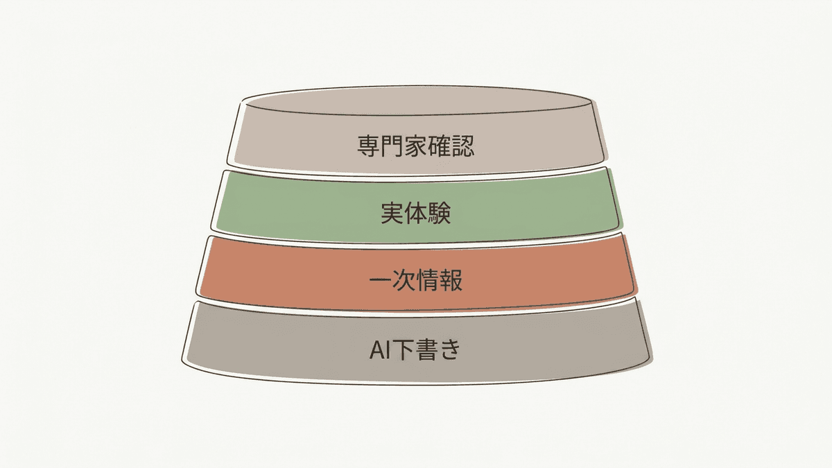 AIの下書きに人が一次情報と経験を重ねて評価される記事になる構造図