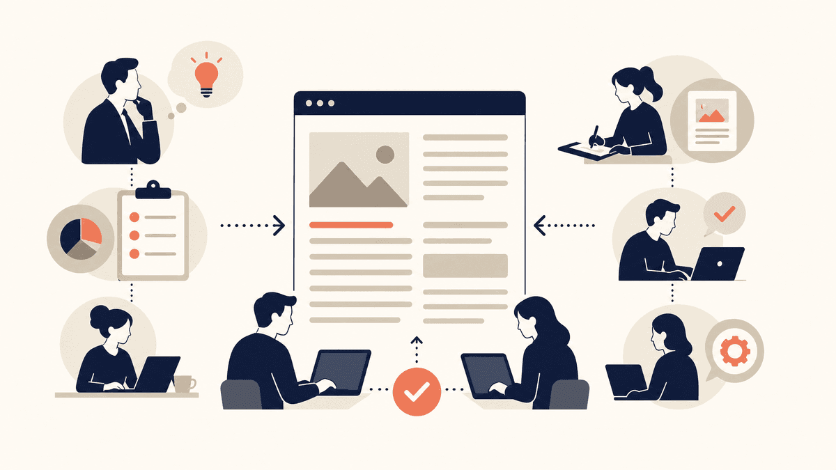 企業の担当者と記事制作チームが役割を分担しながら一本のSEO記事を仕上げていく様子を、工程の流れとして表した図