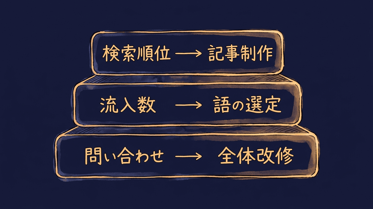 SEOの事例に載る3種類の数字と、それぞれが表す支援範囲の深さを示した図