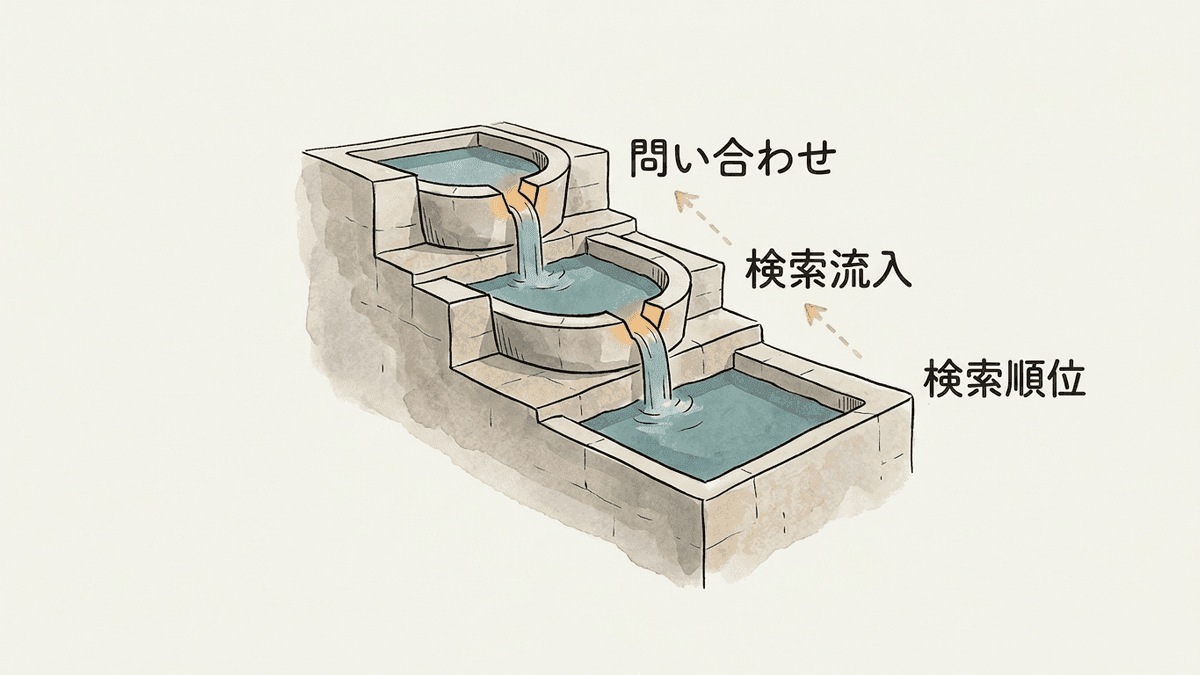 SEOの効果を検索順位・検索からの流入・問い合わせの3層に分けた図