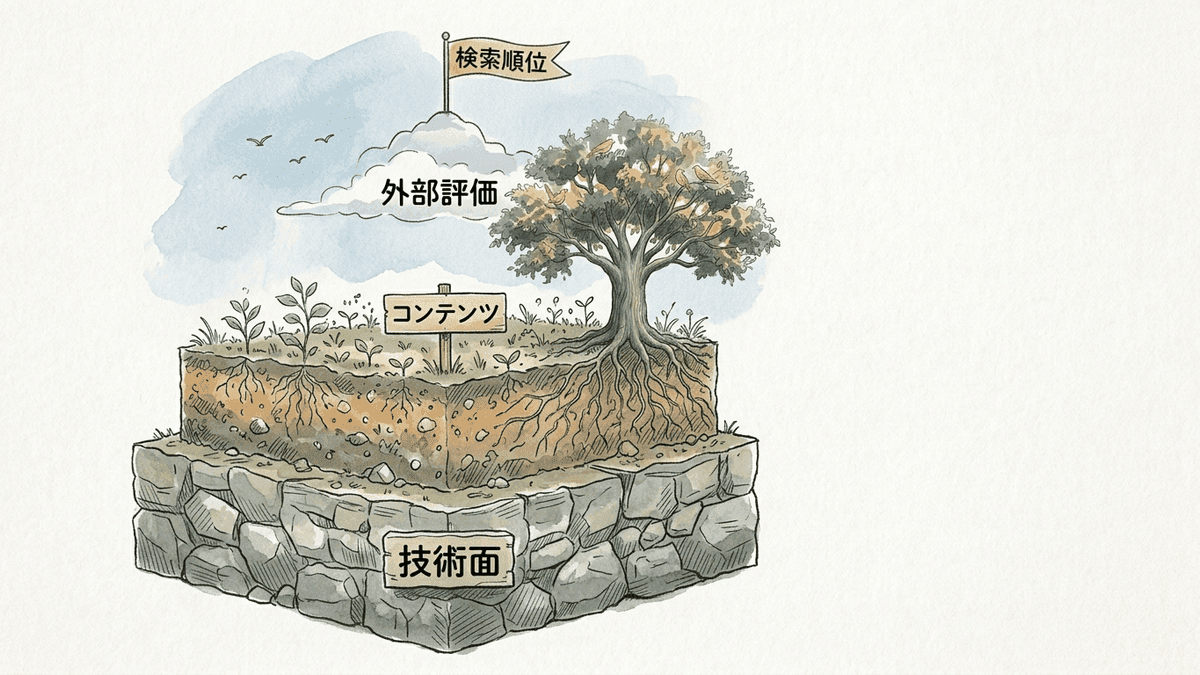 SEOに強いサイトを支える3つの層の構造図