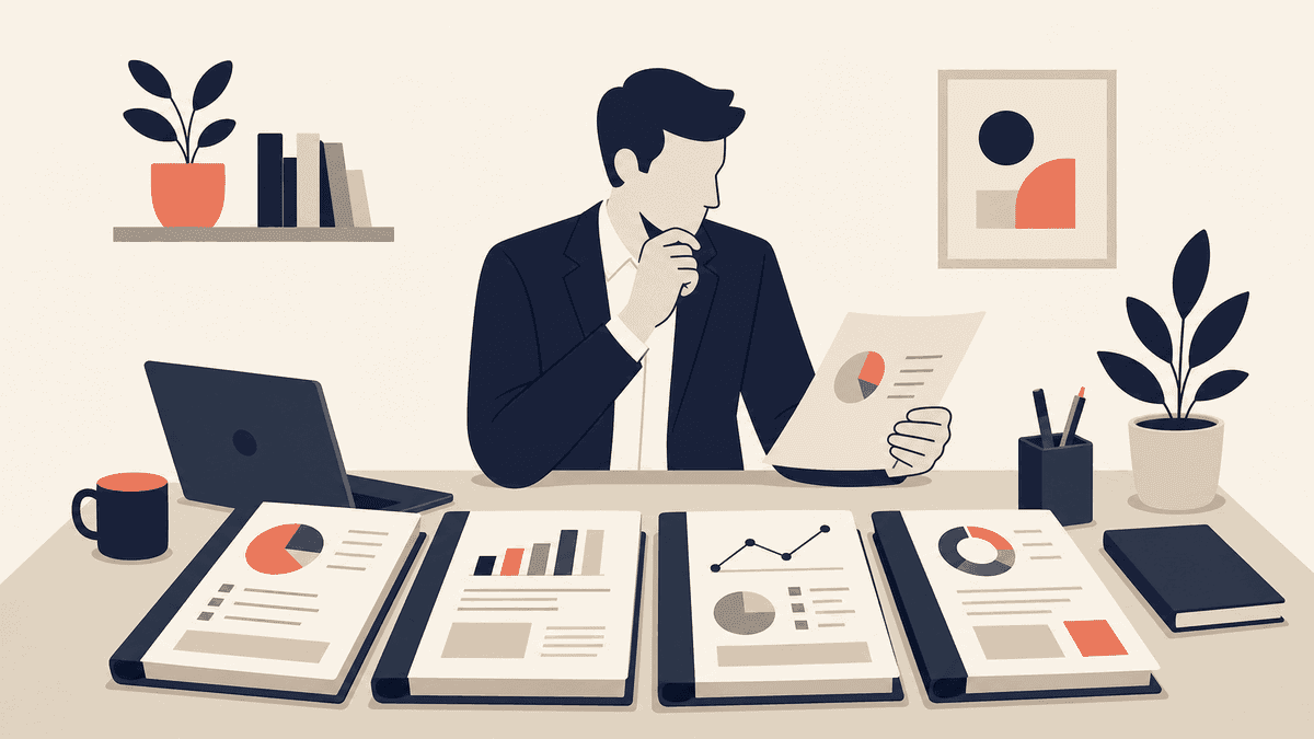 企業の担当者が机に並べた複数のSEO会社の資料を前に、どの会社へ任せるべきか見極めている様子のWeb系イラスト
