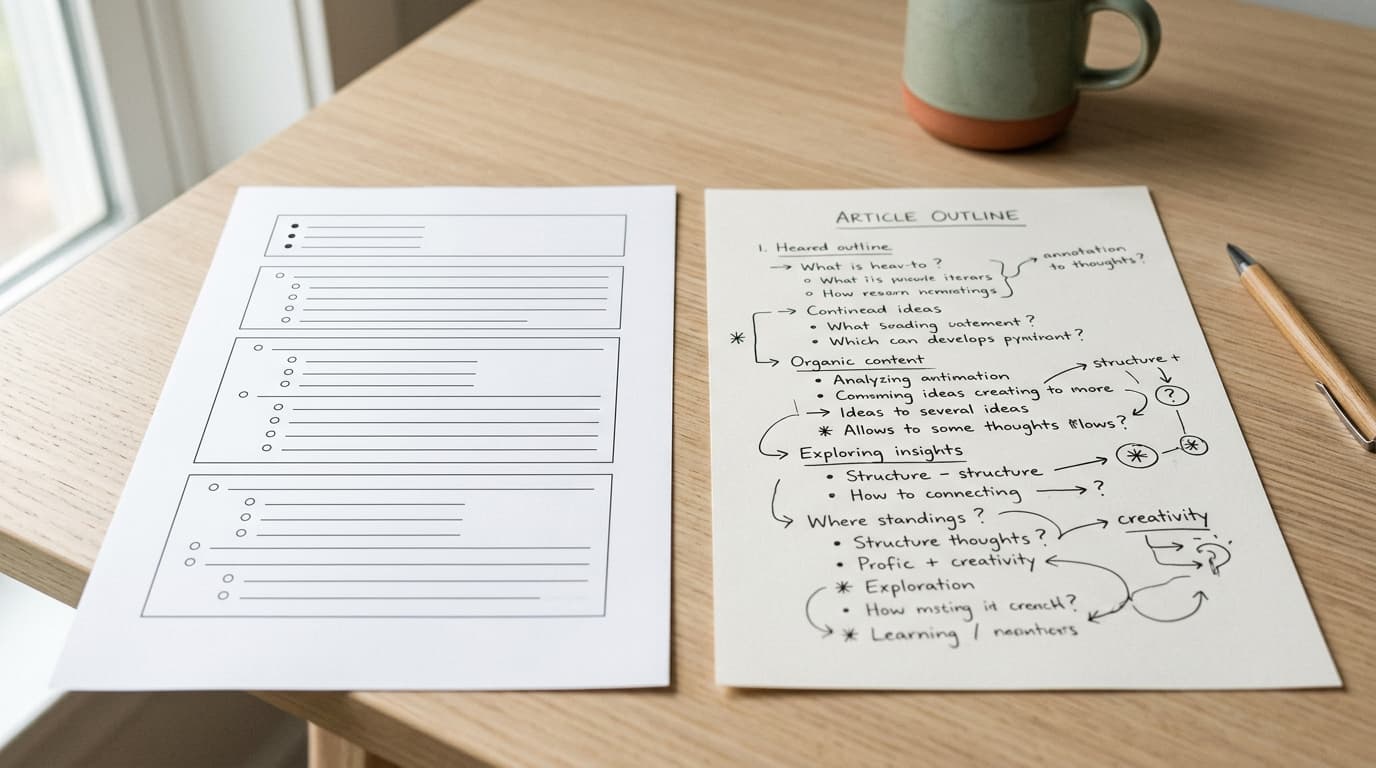 AIで自動生成した記事構成のテンプレートと、手書きで書かれた構成メモが並んで机の上に置かれている。人間の手書き構成には矢印や問いかけの注釈が書き込まれている