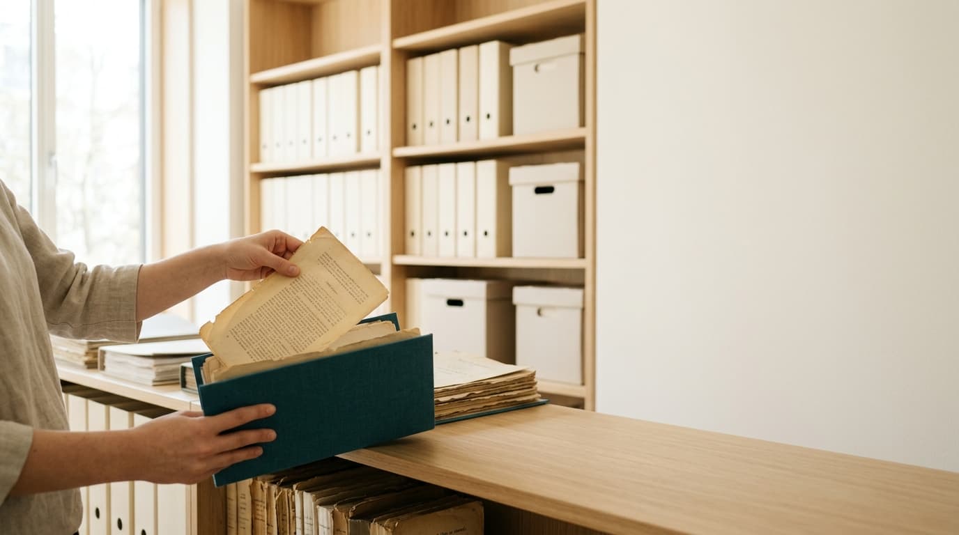 古い書類を棚から整理して別の箱に移す手元——コンテンツ棚卸しの比喩