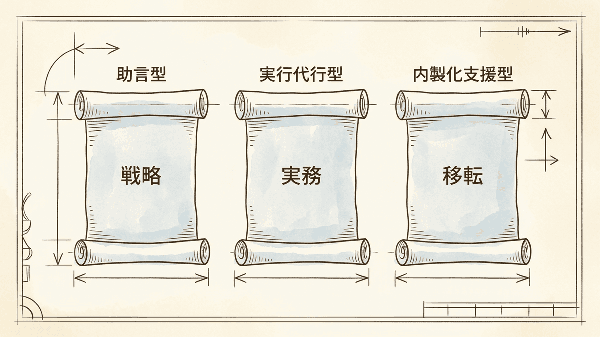 助言型・実行代行型・内製化支援型の3タイプを比較した図解